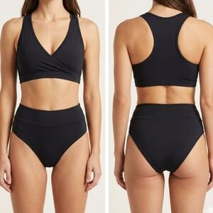 Black Crossover Wrap Swim Top + High Waisted Bikini Bottoms Set Minimalist